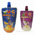 Fruit juice pouch with nozzle and bottom gusset for pasteurization and hot filling